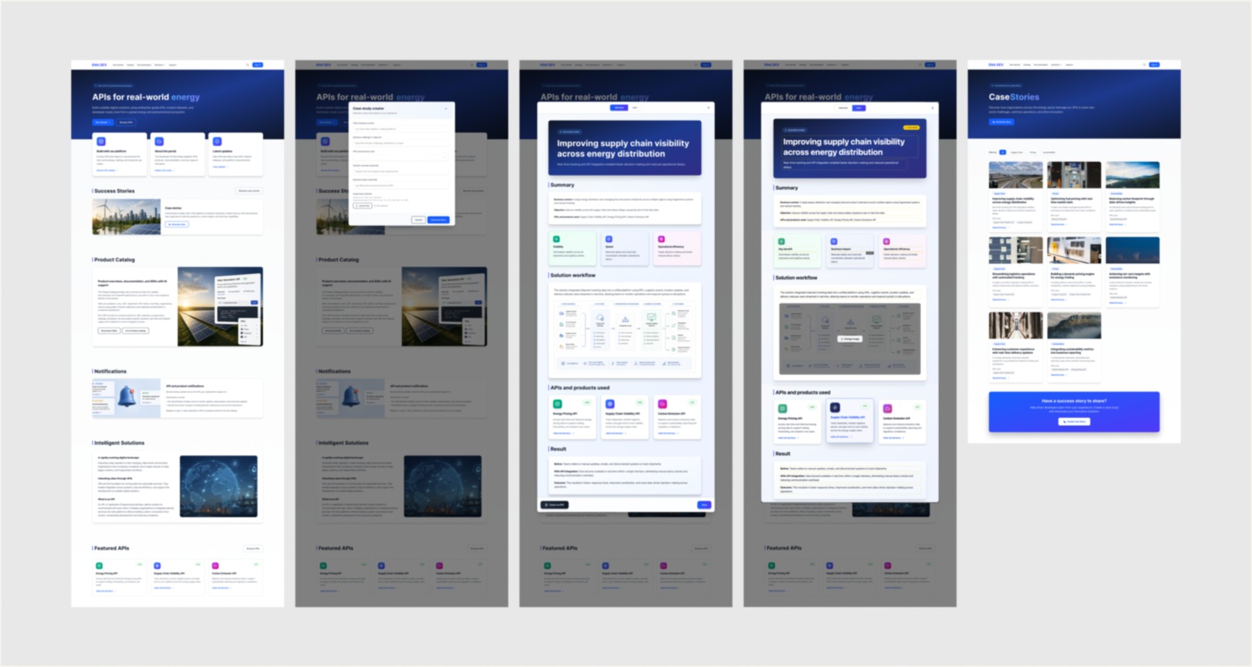 Screens from the AI-assisted content workflow, from discovery and content generation to the final published sales enablement case study.