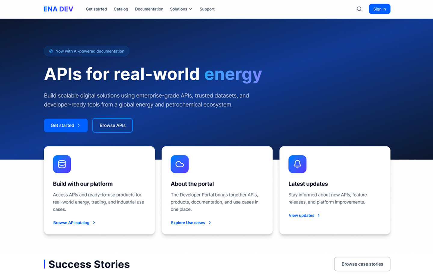 The delivered developer portal landing page, headlined APIs for real-world energy.